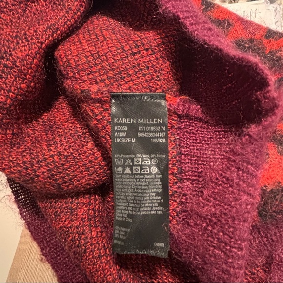 KAREN MILLEN Sz M Red Black Pink Animal Pattern Mock Neck Wool Mohair Sweater - Picture 7 of 7